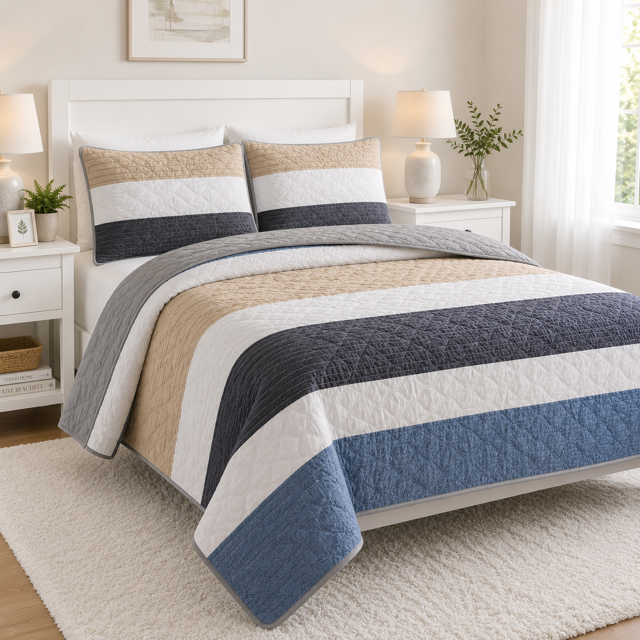 EDREDON QUILT QUEEN ESTAMPADO RAYAS COLORES GAMA ALTA L1725 718408