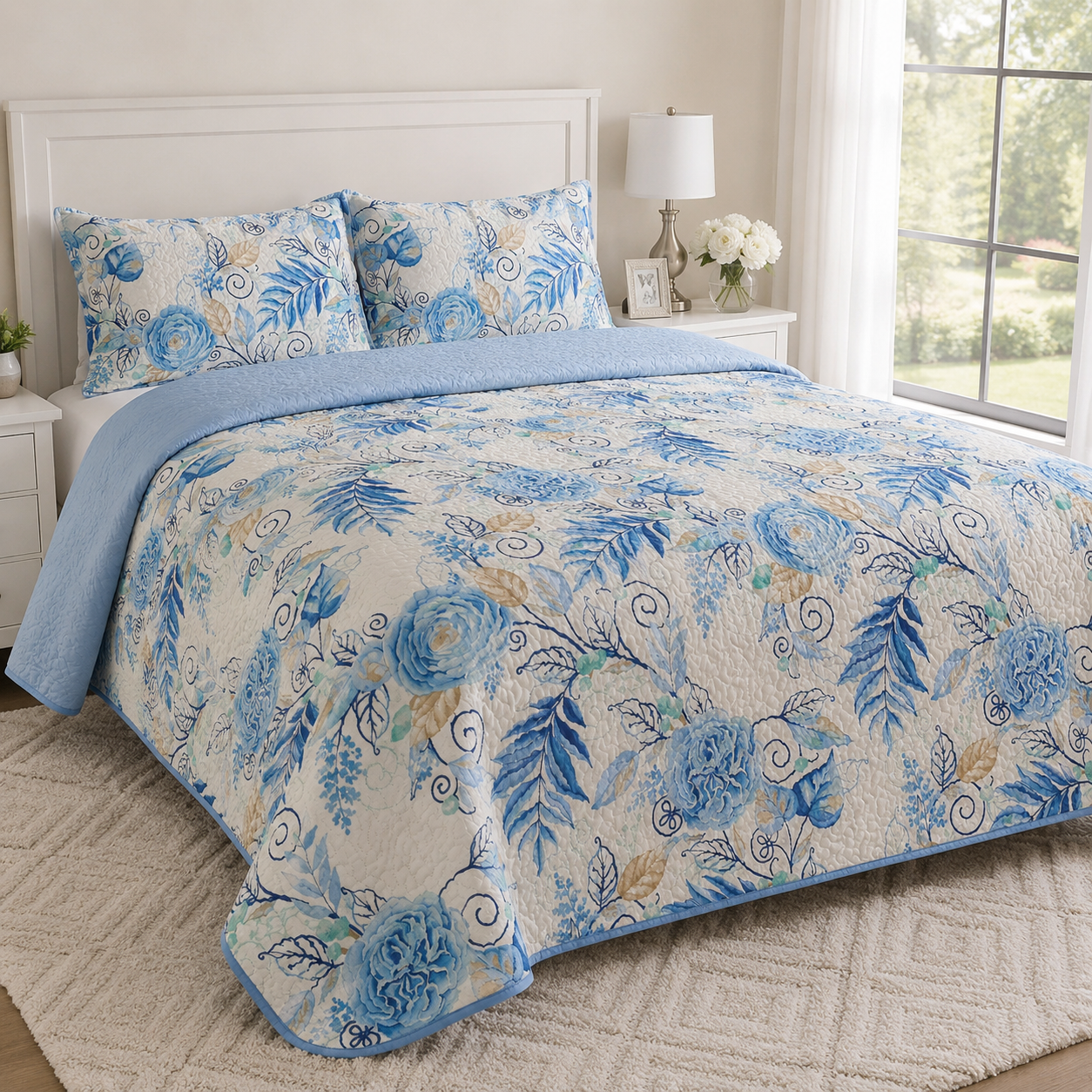 EDREDON QUILT QUEEN ESTAMPADO AZUL SUAVE L1216 118222