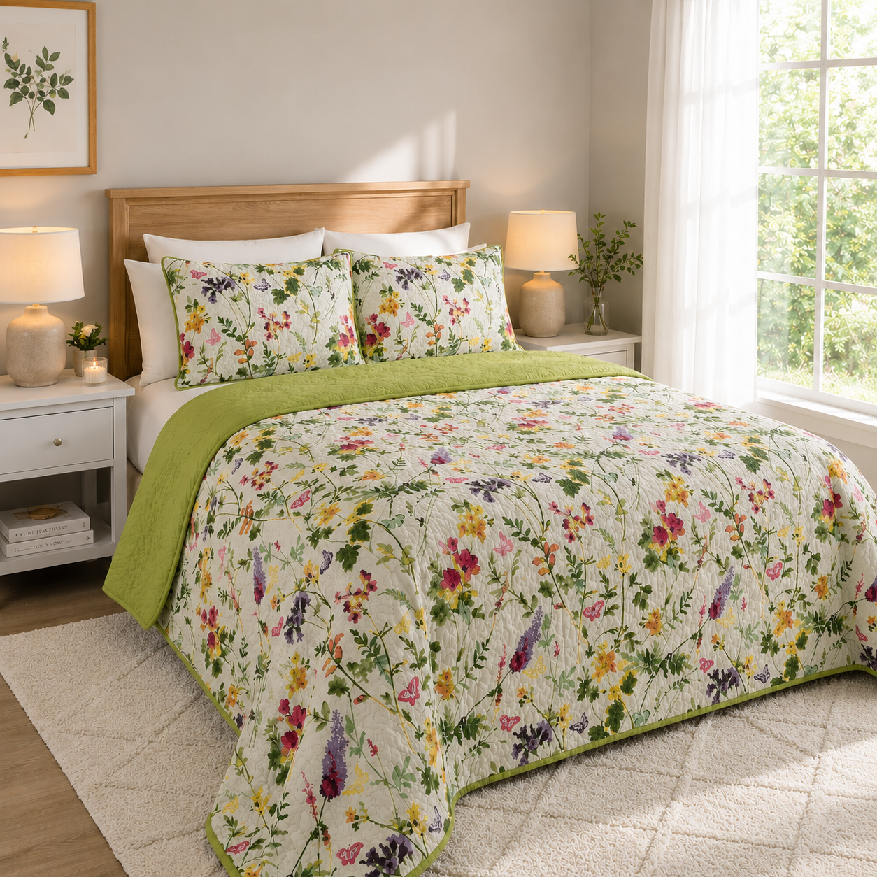EDREDON QUILT QUEEN ESTAMPADO FLORES/VERDE L1725 118351