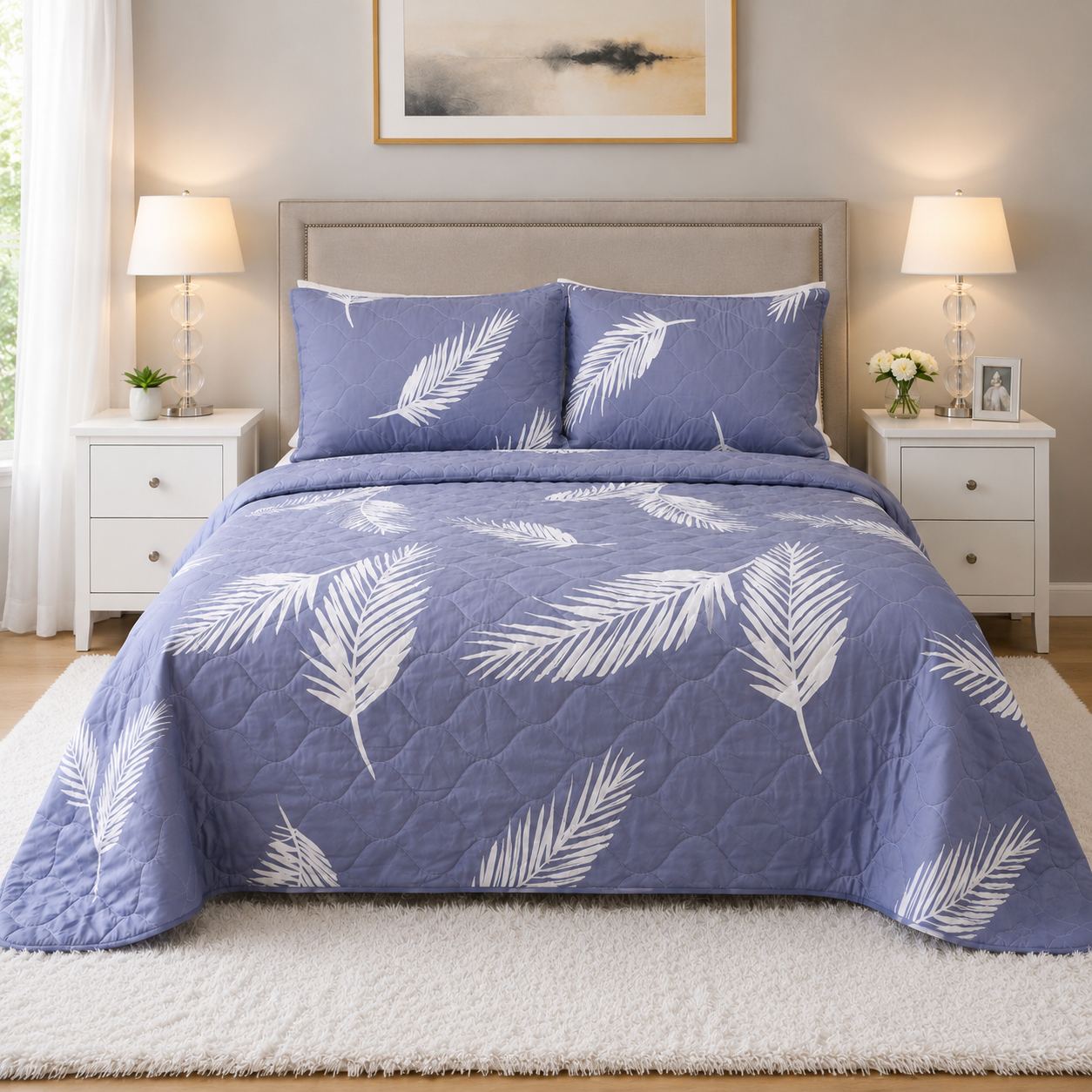EDREDON QUILT KING  ESTAMPADO AZUL/HOJAS GAMA ALTA L1725 718407