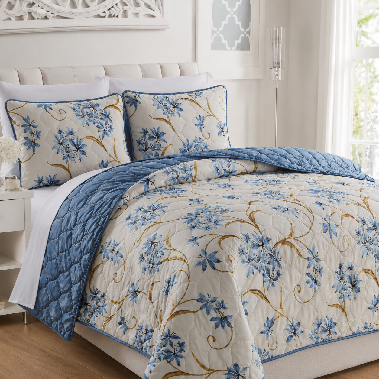 EDREDON QUILT QUEEN ESTAMPADO  FLORES AZUL/BLANCO L1216 718300