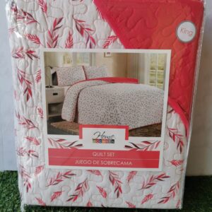 EDREDON QUILT KING ESTAMPADO HOJAS ROSADAS GAMA ALTA L1725 518995