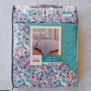 EDREDON QUILT QUEEN ESTAMPADO FLORES ROSADO/TURQ L1725 118387