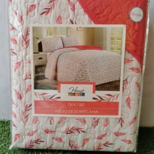 EDREDON QUILT QUEEN ESTAMPADO HOJAS ROSADAS GAMA ALTA L1725 518994