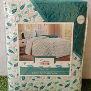 EDREDON QUILT QUEEN ESTAMPADO HOJAS TURQUESA GAMA ALTA L1725 518986
