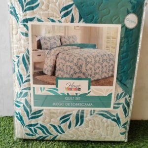 EDREDON QUILT QUEEN ESTAMPADO  HOJAS VERDE TURQUESA L1725 518954