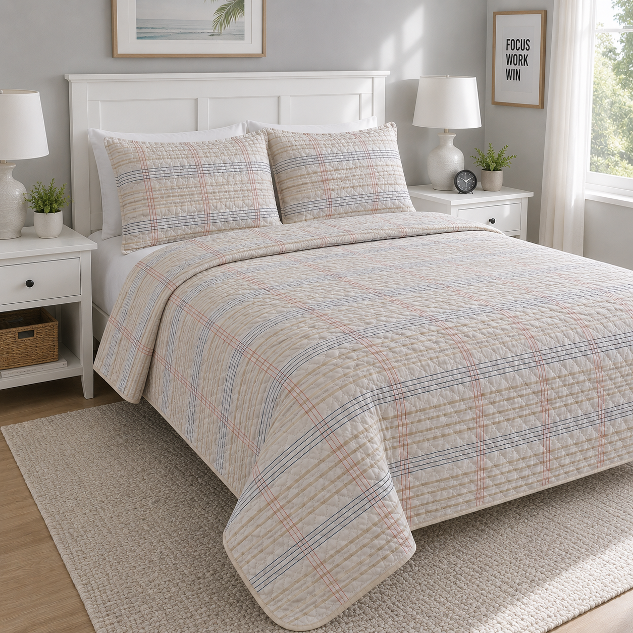 EDREDON QUILT FULL/QUEEN ESTAMPADO RAYAS AZUL-ROJO