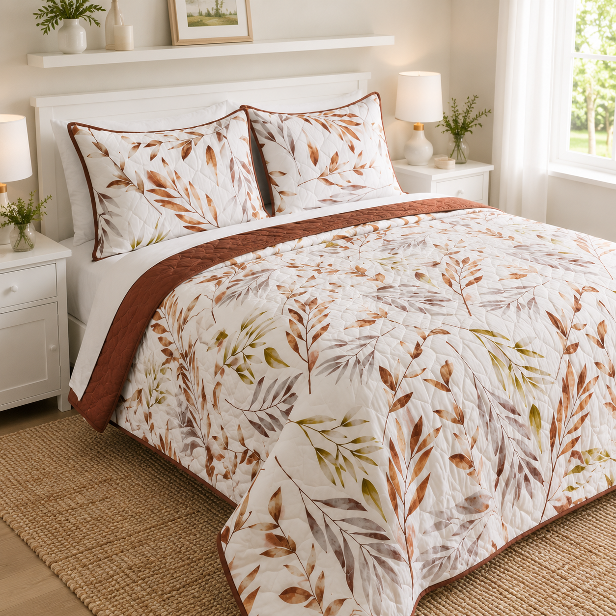 EDREDON QUILT QUEEN ESTAMPADO HOJAS CAFE
