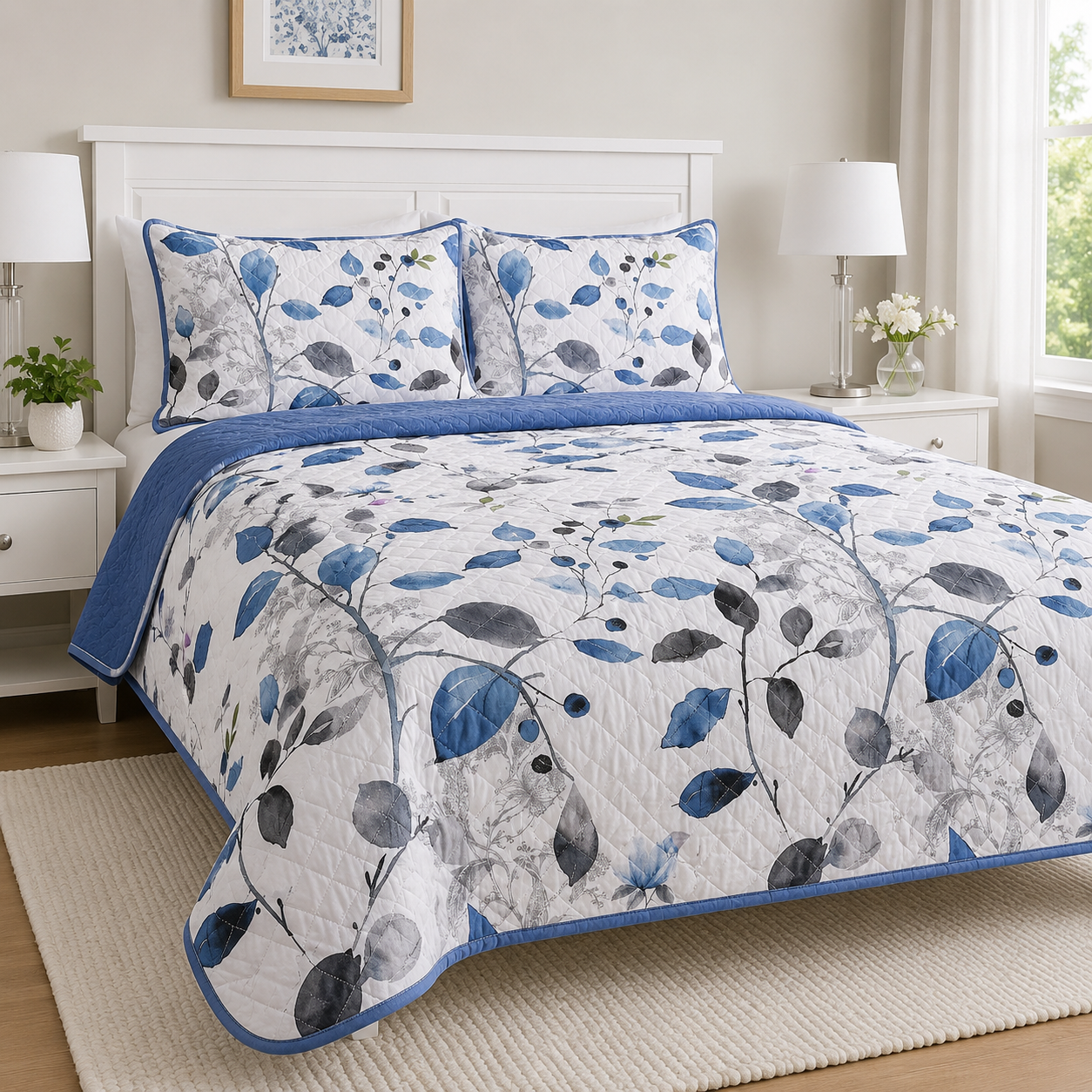 EDREDON QUILT QUEEN ESTAMPADO HOJAS AZUL Y GRISES