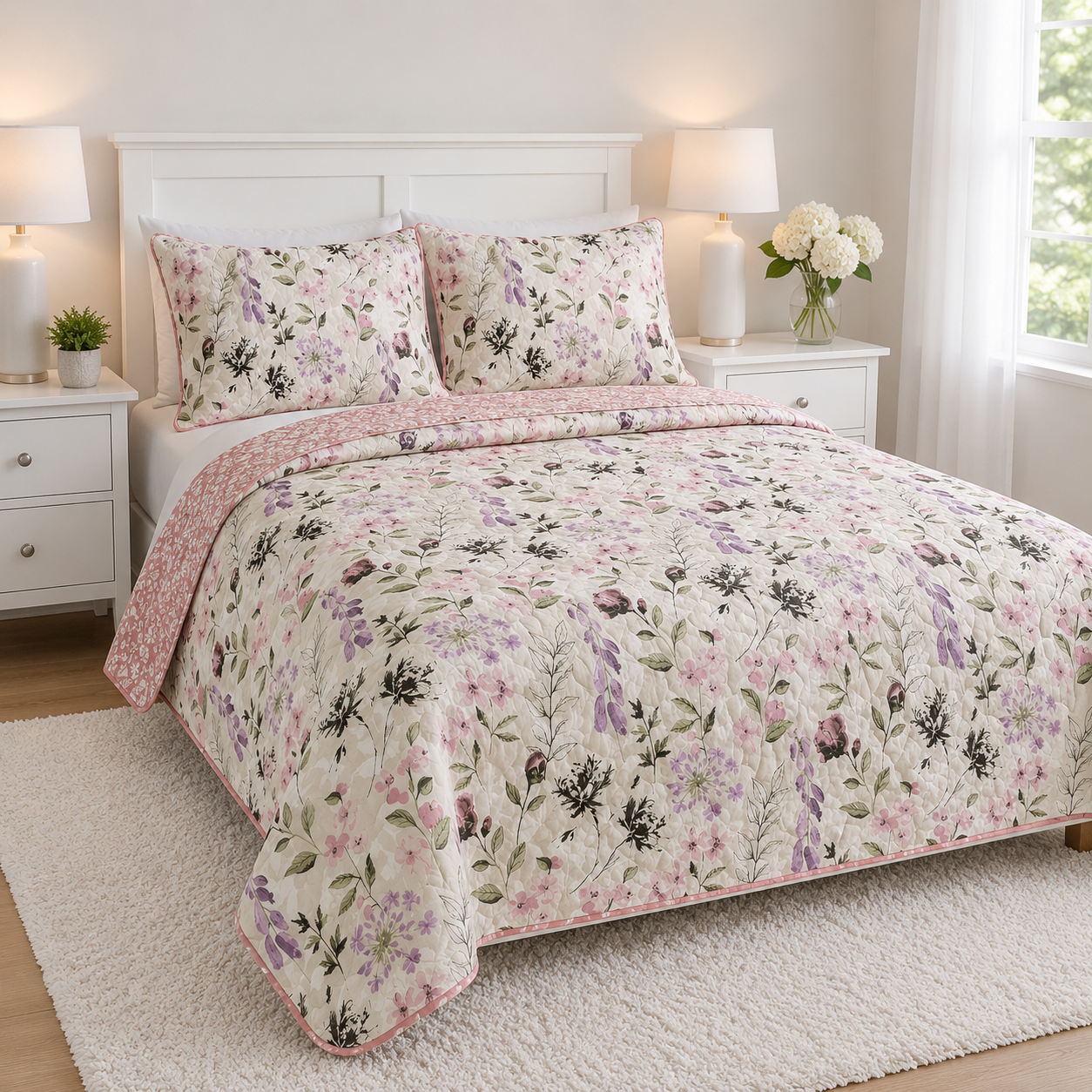 EDREDON QUILT KING ESTAMPADO FLORES ROSADO/MORADO