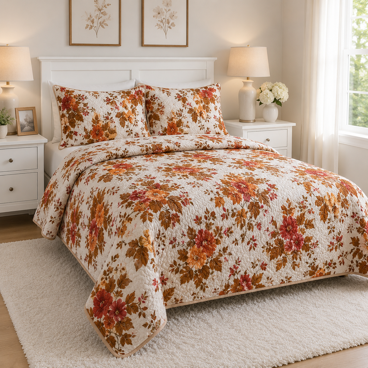 EDREDON QUILT KING ESTAMPADO HOJAS NARANJA / CAFÉ