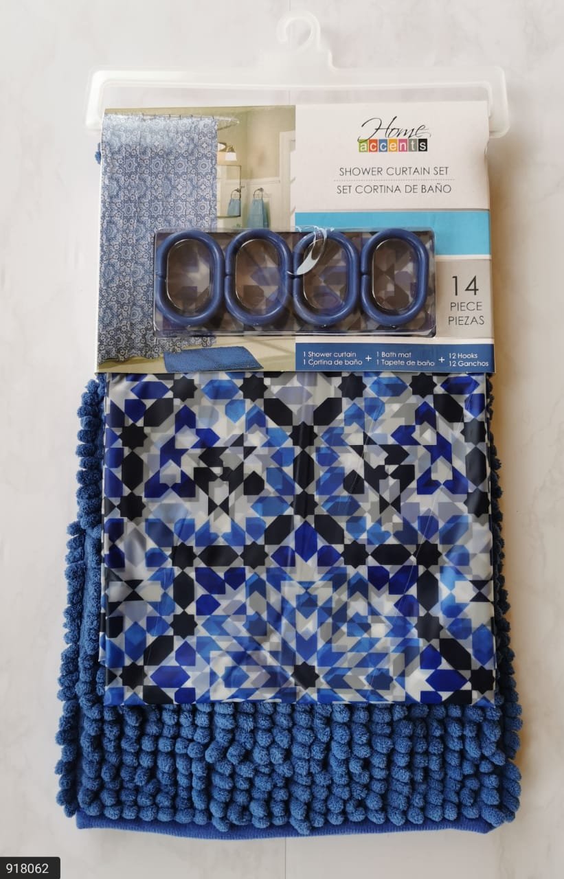 SET CORTINA DE BAÑO PEVA 14 PZS AZUL