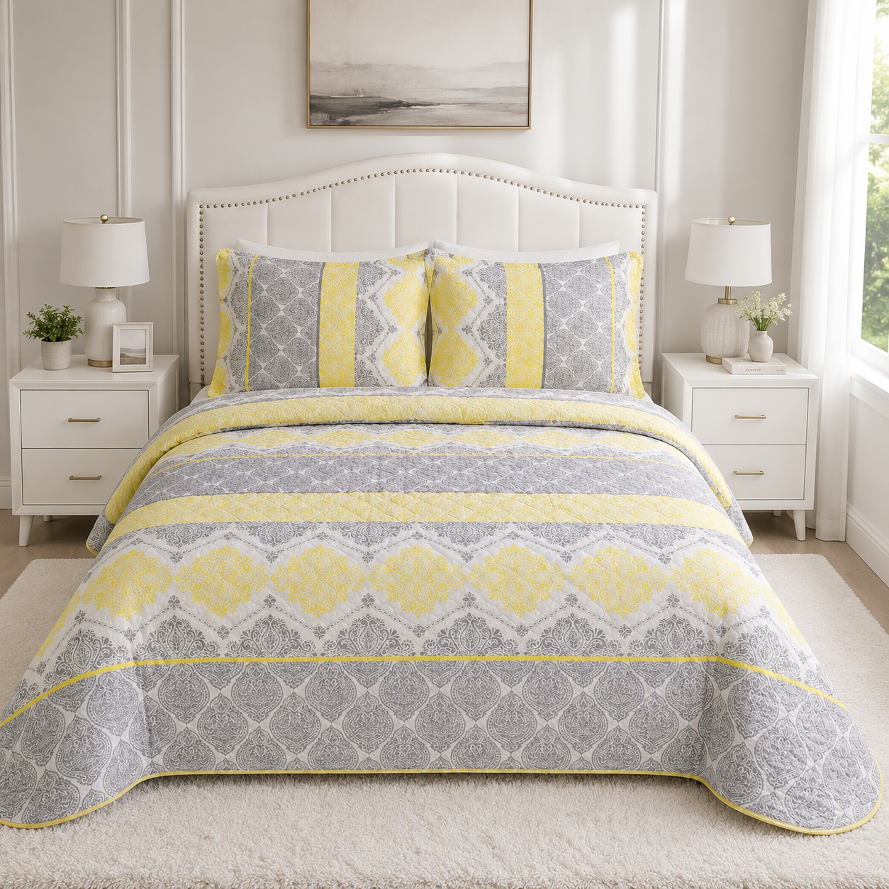 EDREDON QUILT KING ESTAMPADO AMARILLO Y GRIS