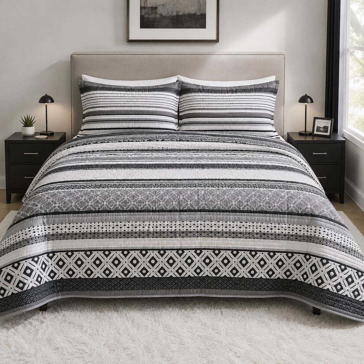 EDREDON QUILT KING ESTAMPADO RAYADO GRIS