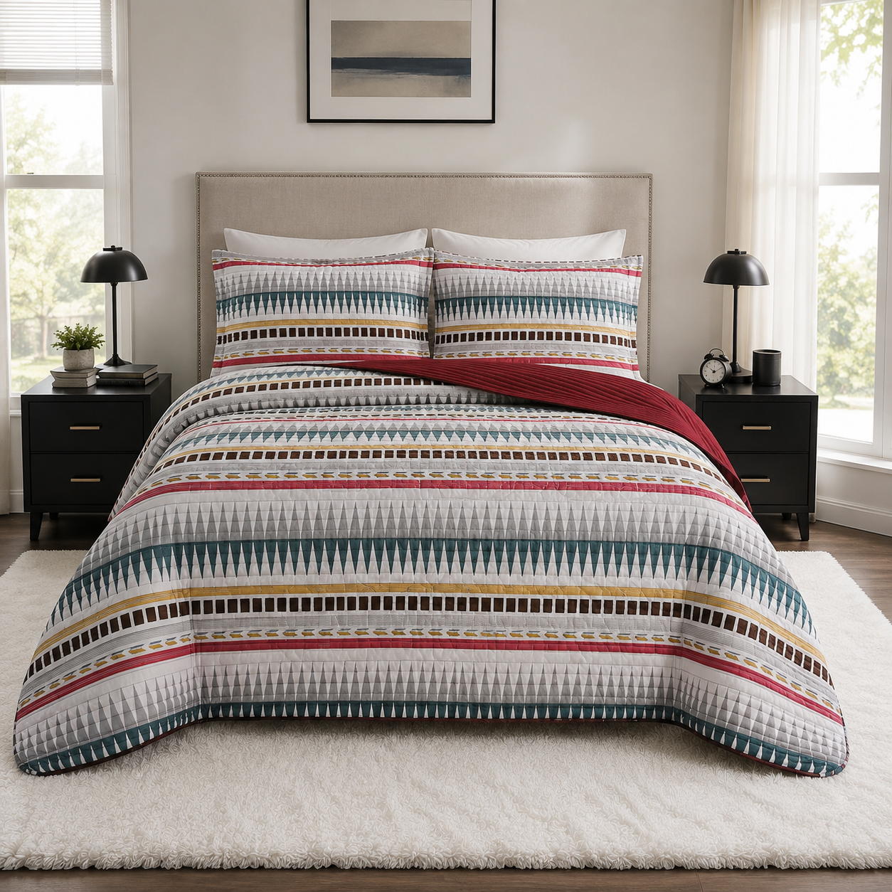 EDREDON QUILT KING ESTAMPADO RAYAS ROJAS